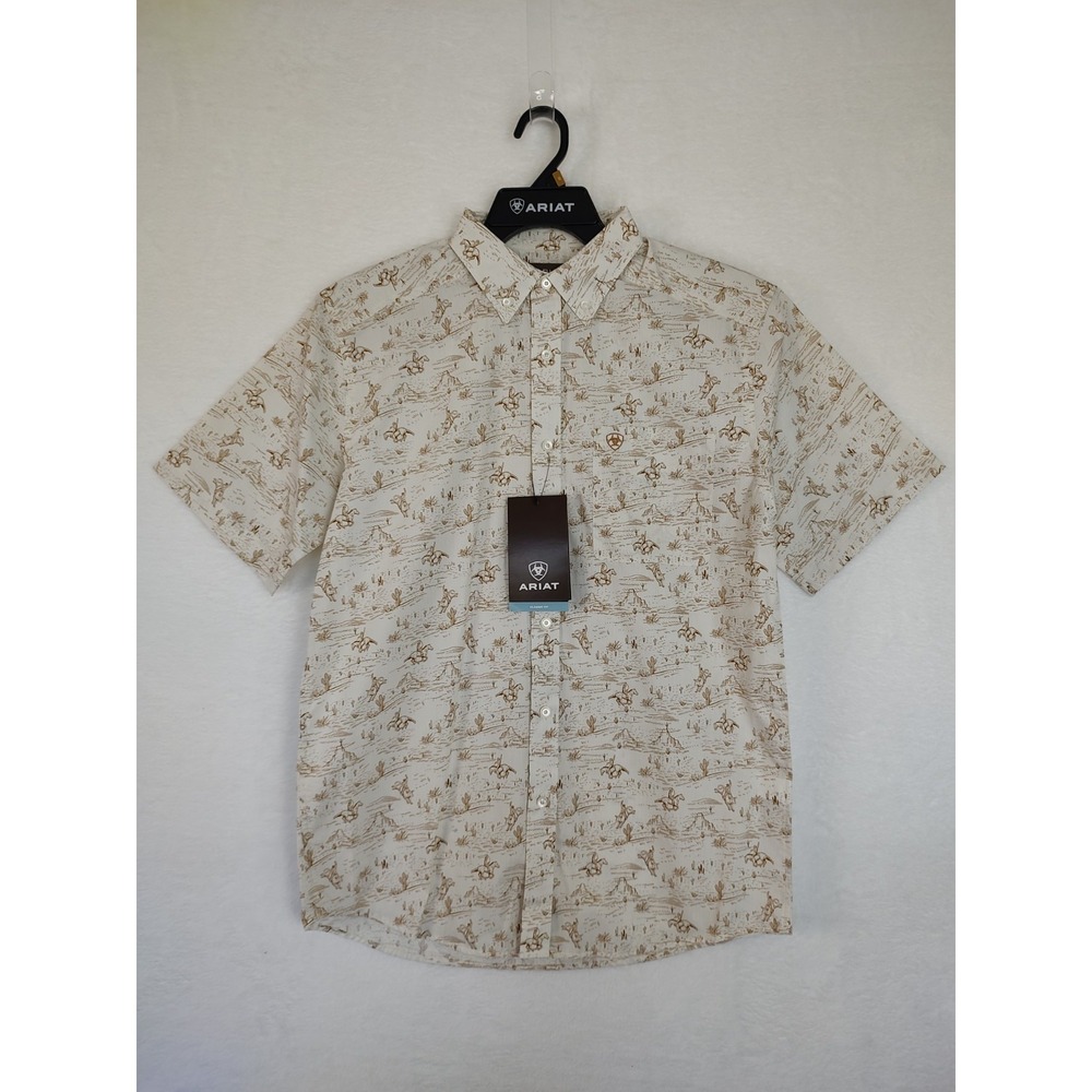 Ariat Mens Small Short Sleeve Western Desert Scene Button Down Shirt Cream‎ Tan
